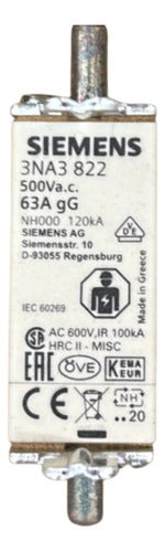 Kit Com 5: Fusível Nh000 Retardado 63a 500v 3na3822 Siemens 500v