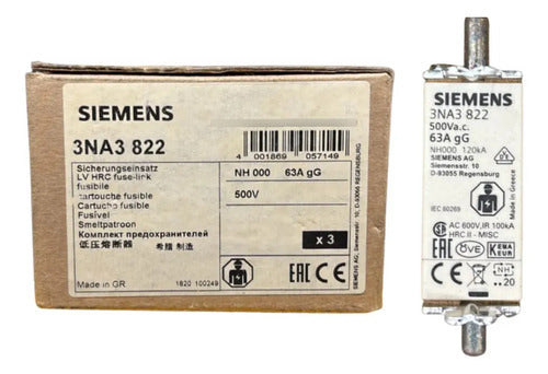 Kit Com 5: Fusível Nh000 Retardado 63a 500v 3na3822 Siemens 500v