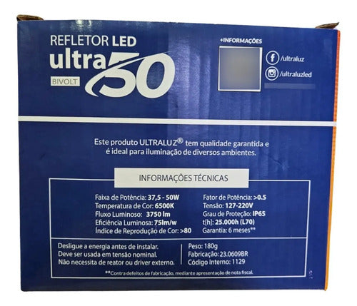 Kit 3 Refletores Led Branco Ultra 50w Ultraluz Bivolt 6500k 127/220v Preto Branco-frio