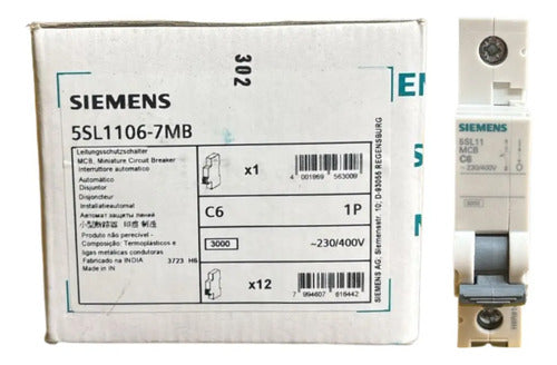 Kit Com 2 Peças: Disjuntor 1p 6a Curva C 5sl1106-7mb Siemens