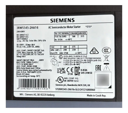 Soft Starter 315a 200-690v 3rw5545-2ha16 Siemens