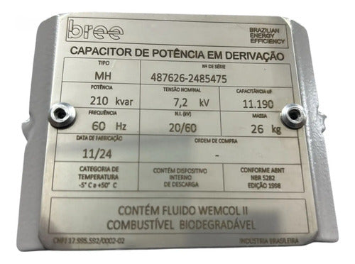 Capacitor De Potência Monofásico 210kvar 7200v Marca Bree 7200v