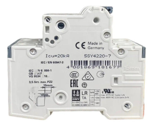 Disjuntor 2p 400v 20a Curva C 5sy4220-7 Siemens