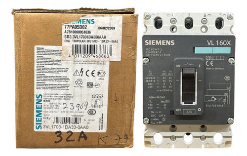 Disjuntor Tripolar 32a 3vl1703-1da33-0aa0 Siemens