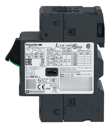 Disjuntor Motor Termomagnético Gv2me03 0,25/0,40a Schneider 690 50 60 Hz