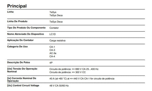 Contator 4p 40a 1na+1nf Mola 48vca Lc1dt403e7 Schneider 48 Vca
