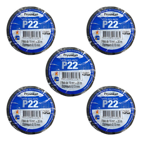 Kit 5 Fitas Isolantes 20mts P22 Antichama Pt 19mm Prysmian Preto Lisa