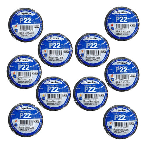 Kit 10: Fitas Isolantes P22 20mts Antichama 19mm Pt Prysmian Preto Lisa