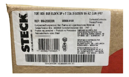 Tomada Sob 3p+t 32a 200/250v 9h Az Ddr Ip67 Ss4209ddr Steck  Azul