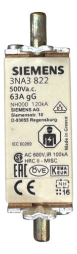Kit Com 5: Fusível Nh00 Retardado 63a 500v 3na3822 Siemens 500v