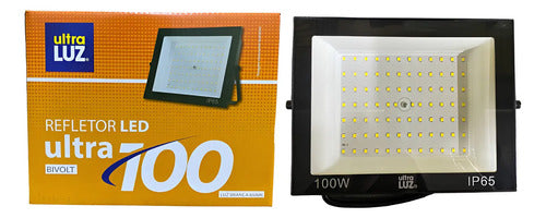 Kit 2 Refletores Led Branco Ultra 100w Ultraluz Bivolt 6500k 110v - 220v Preto Branco