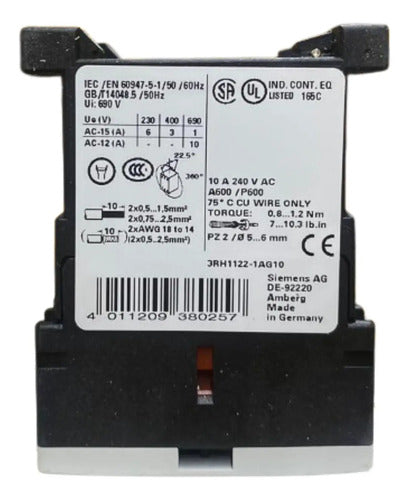 Contator Auxiliar 110v 2na+2nf 6a Ac15 3rh1122-1ag10 Siemens 127v
