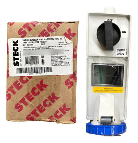 Tomada Sob Surelock Ss4209b 3p+t 32a 200/250v 9h Azul Steck Azul