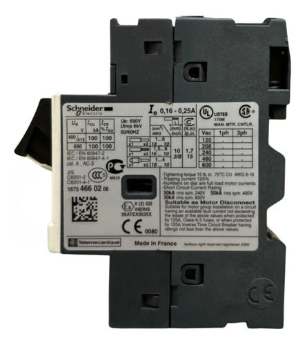 Disjuntor Motor Termomagnético Gv2me02 0,16-0,25a Schneider 690v 50/60hz