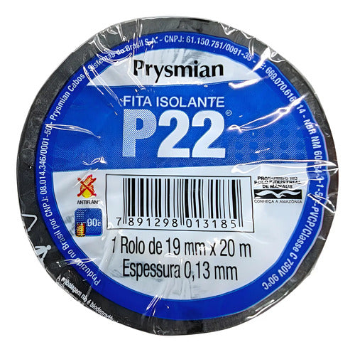 20 Metros Fita Isolante P22 Antichama Pt 19mm Prysmian Preto Lisa