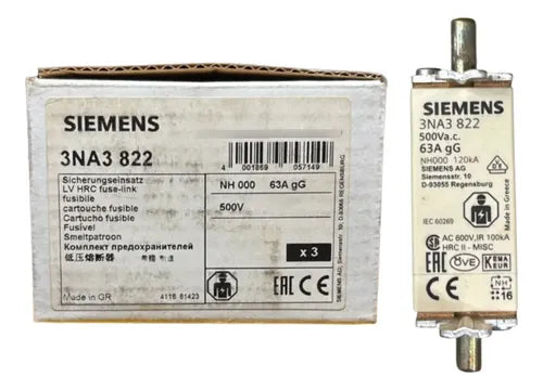 Kit Com 5: Fusível Nh00 Retardado 63a 500v 3na3822 Siemens 500v
