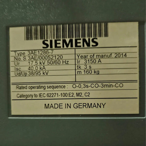 Disjuntor Siemens 3ae1286-7 Vácuo Motorizado Tripolar 3150a
