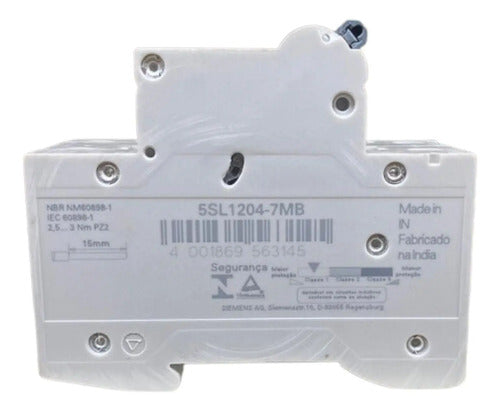 Disjuntor Mini 4a Curva C Bipolar 2p Siemens 5sl1204-7mb