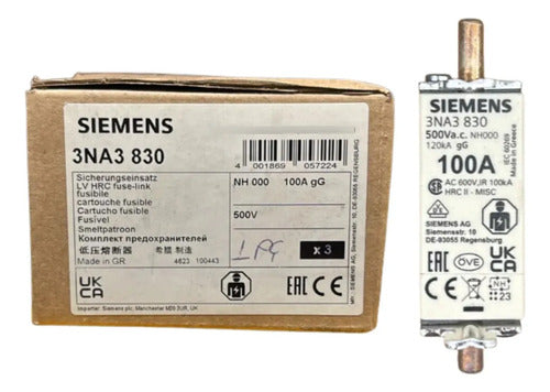Kit Com 5: Fusível Nh000 Retardado 100a 500v 3na3830 Siemens 500v